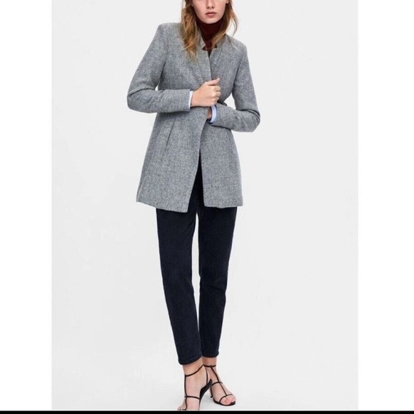 Zara Basic Jacket Gray Herringbone Coat Size Small - Picture 1 of 13